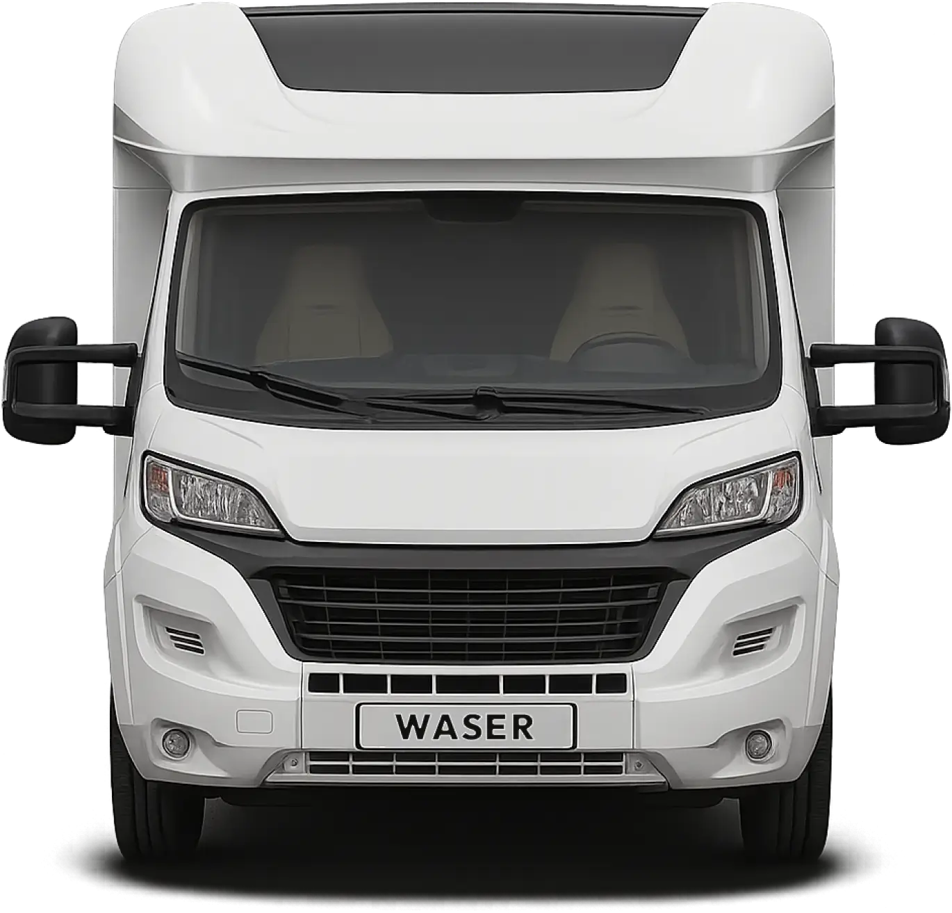 Ein weißer Waser Plain Camper von vorne.