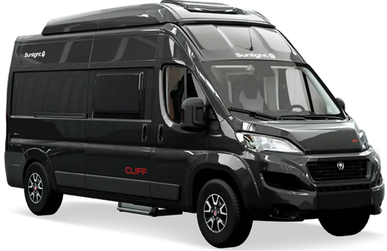 Ein schwarzer Sunlight Cliff Campervan mit Hochdach und seitlichem Fenster.