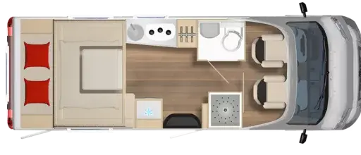 Grundriss eines Wohnmobils mit Küche, Bad, Bett und Sitzbereich.
