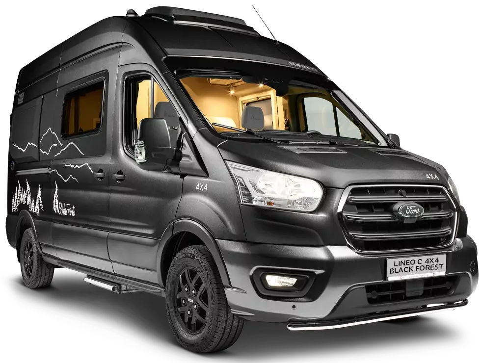 Ford Lineo C 4x4 Campervan, Black Forest Edition, mit Berglandschaftsdesign.