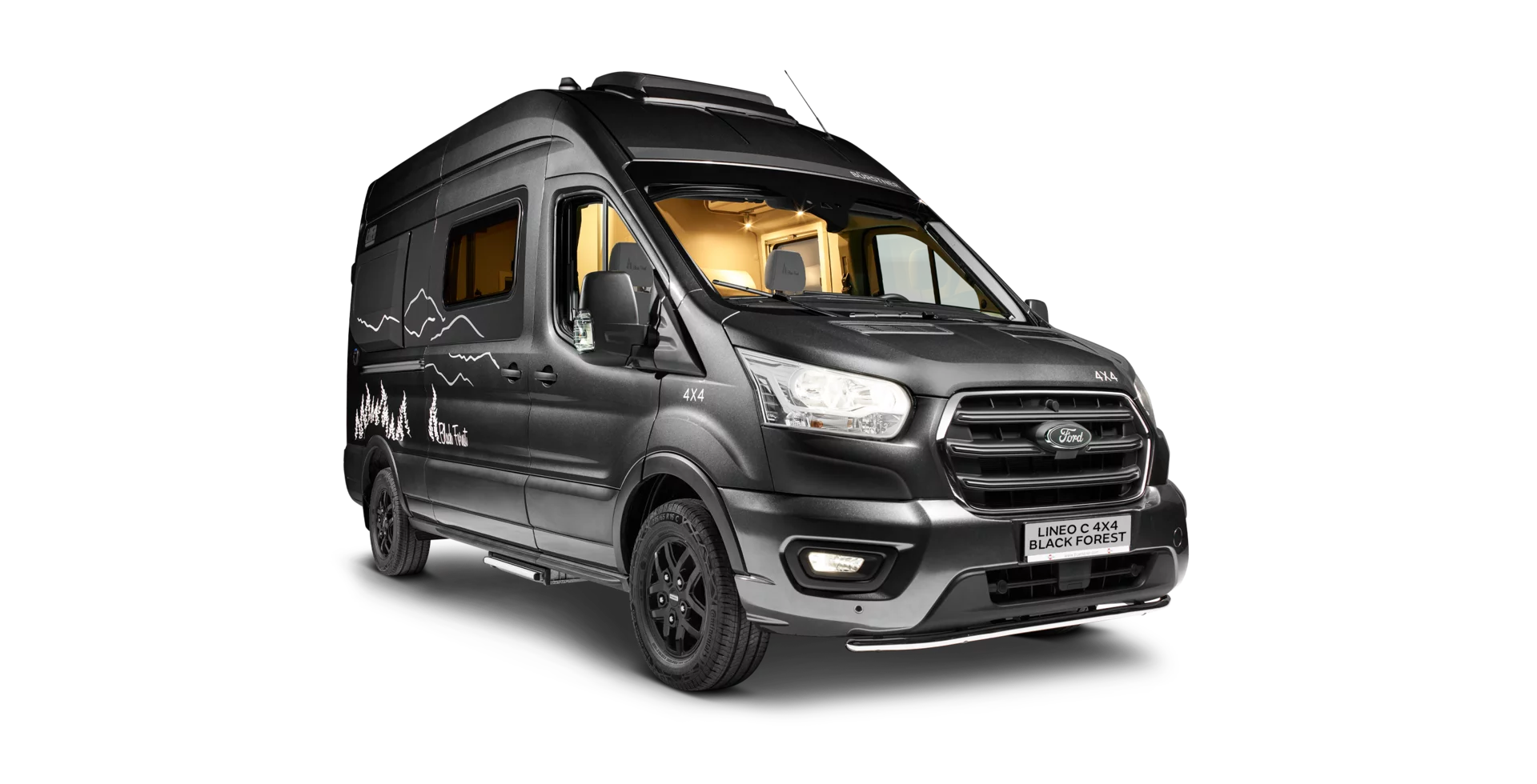 Ford Lineo C 4x4 Black Forest Campervan mit Berglandschaftsdesign auf der Seite.