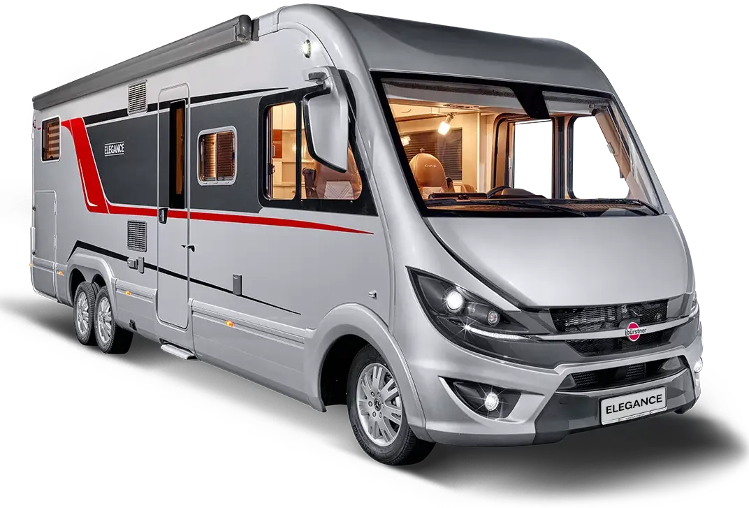 Ein silberner Bürstner Elegance Wohnmobil mit roten Akzenten und großen Fenstern.