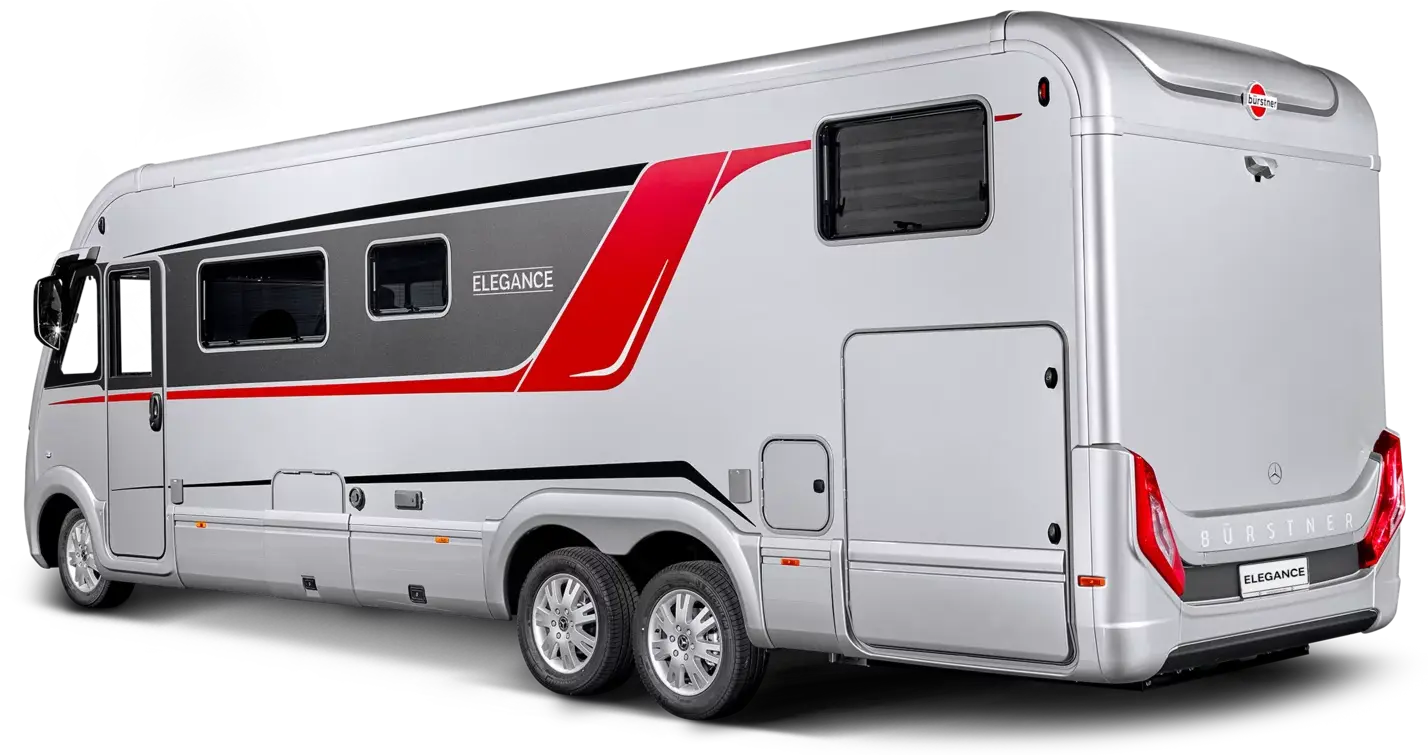 Ein Bürstner Elegance Wohnmobil von hinten in einer seitlichen Ansicht.