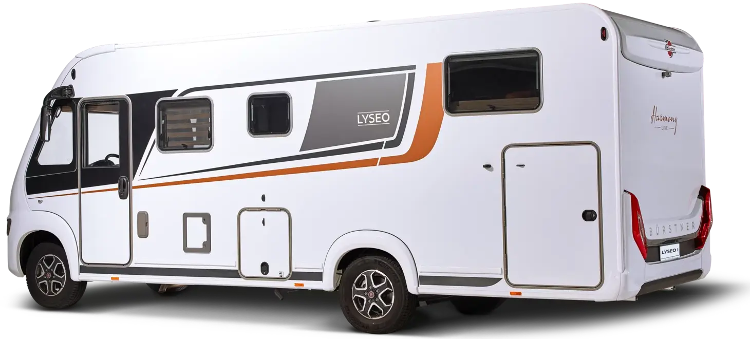 Ein weißer Bürstner Lyseo 727G Wohnmobil von der Seite.