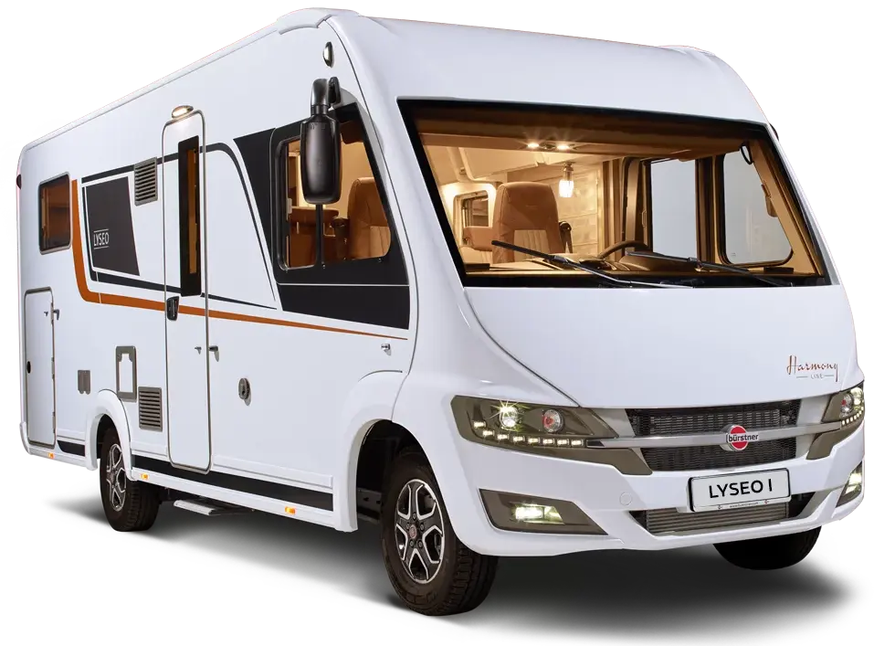 Ein weißer Bürstner Lyseo 727G Wohnmobil mit großen Fenstern und moderner Ausstattung.