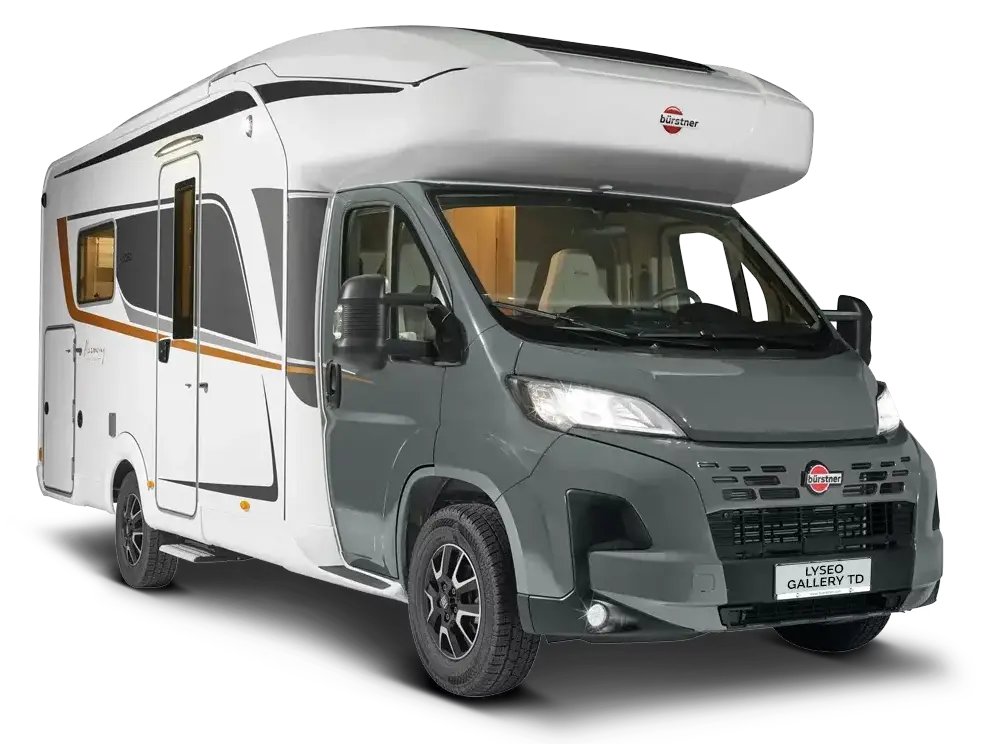 Bürstner Lyseo Gallery Wohnmobil, Modell 2024, mit weiß-grauer Lackierung.
