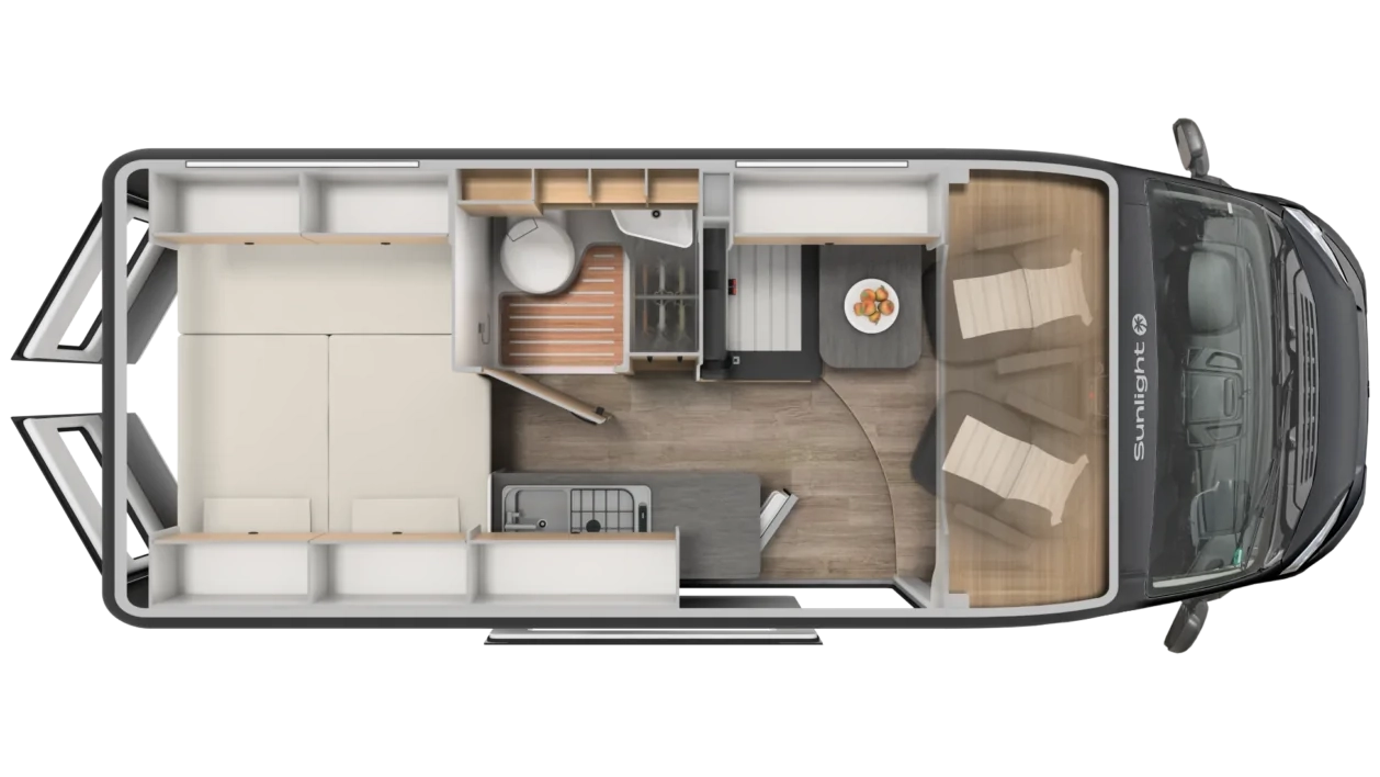 Grundriss des Sunlight Cliff 600 Wohnmobils mit Innenausstattung.