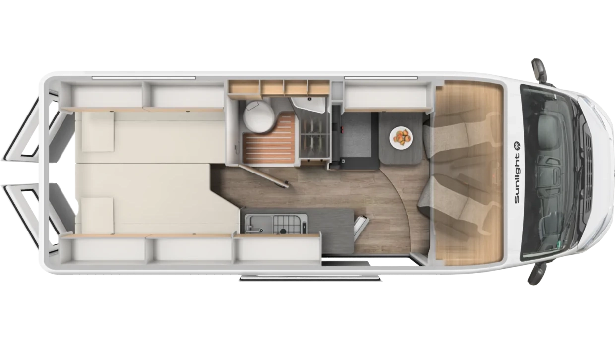 Grundriss eines Sunlight Cliff 640 Wohnmobils mit Schlafbereich, Bad, Küche und Sitzgruppe.