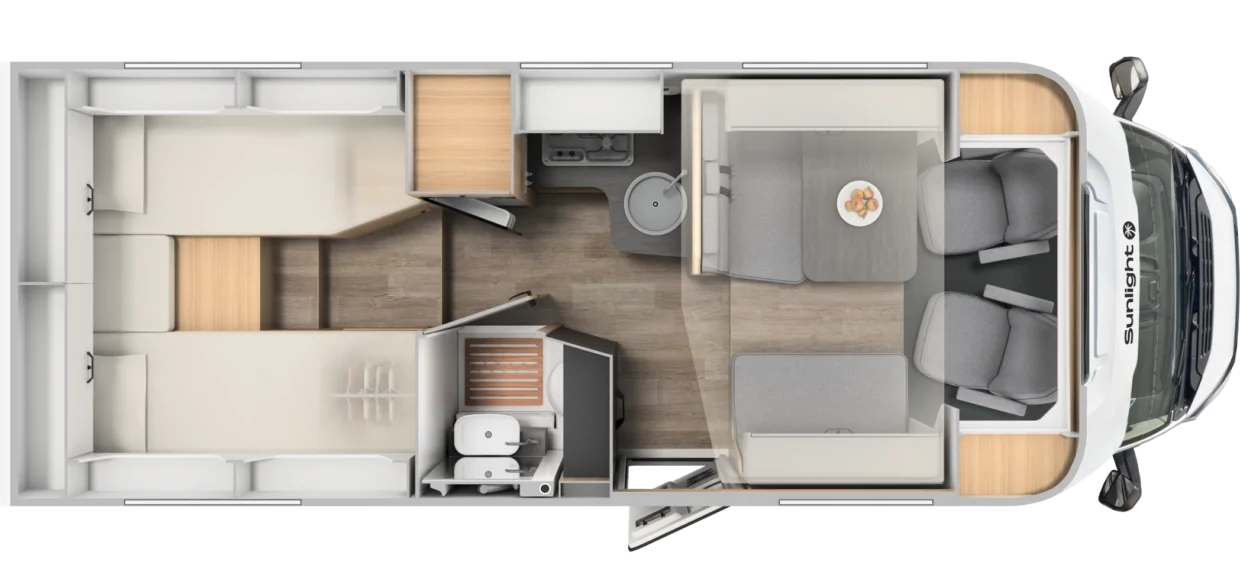 Grundriss des Sunlight-Campers mit Schlafbereich, Küche, Bad und Sitzgruppe.
