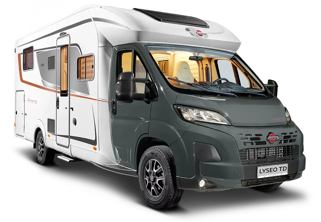 Bürstner Lyseo TD Wohnmobil mit weißer und grauer Lackierung auf transparentem Hintergrund.