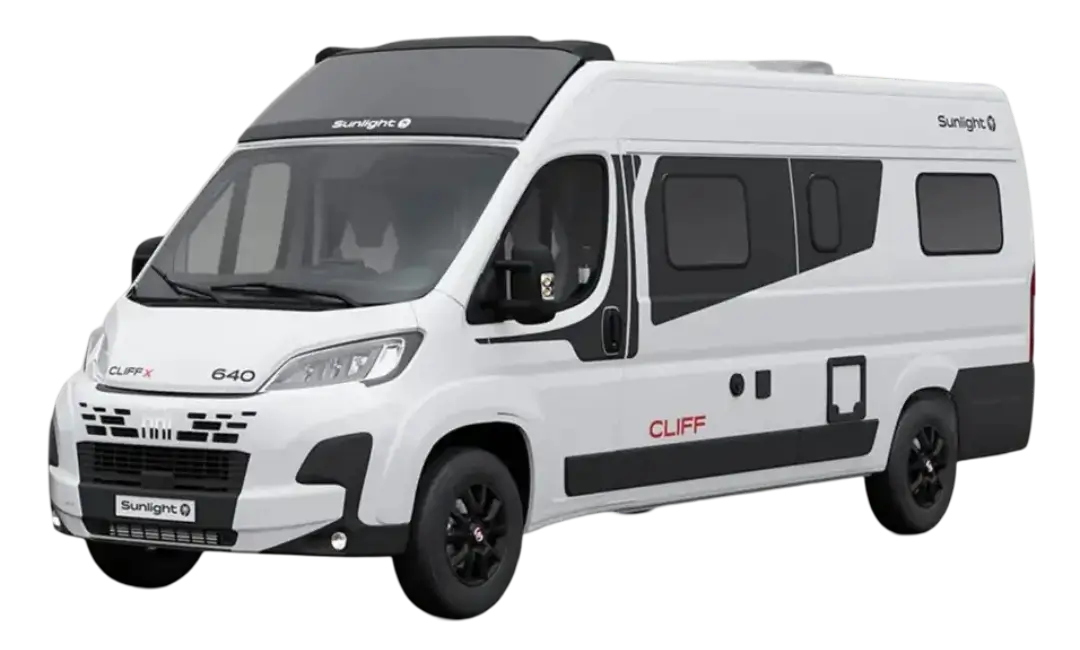 Ein weißer Sunlight CLIFF X 640 Campervan mit schwarzen Akzenten.