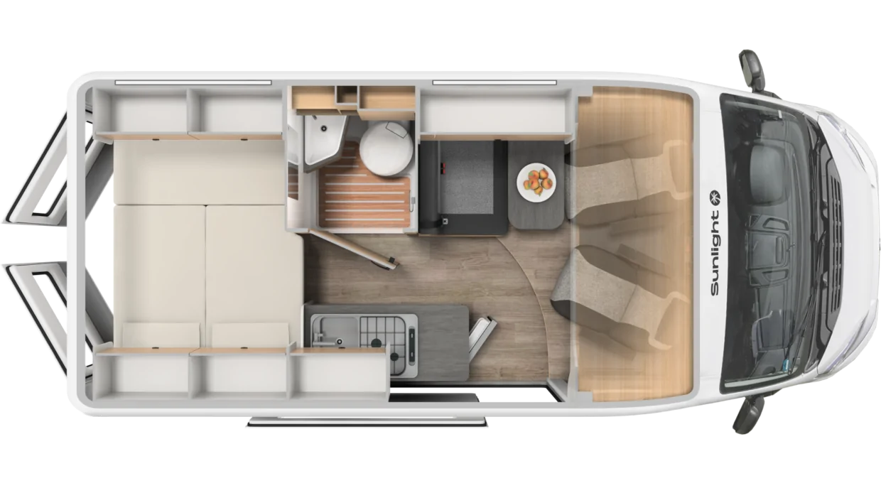 Grundriss eines Sunlight Cliff 540 Wohnmobils mit Schlafbereich, Küche, Bad und Sitzbereich.