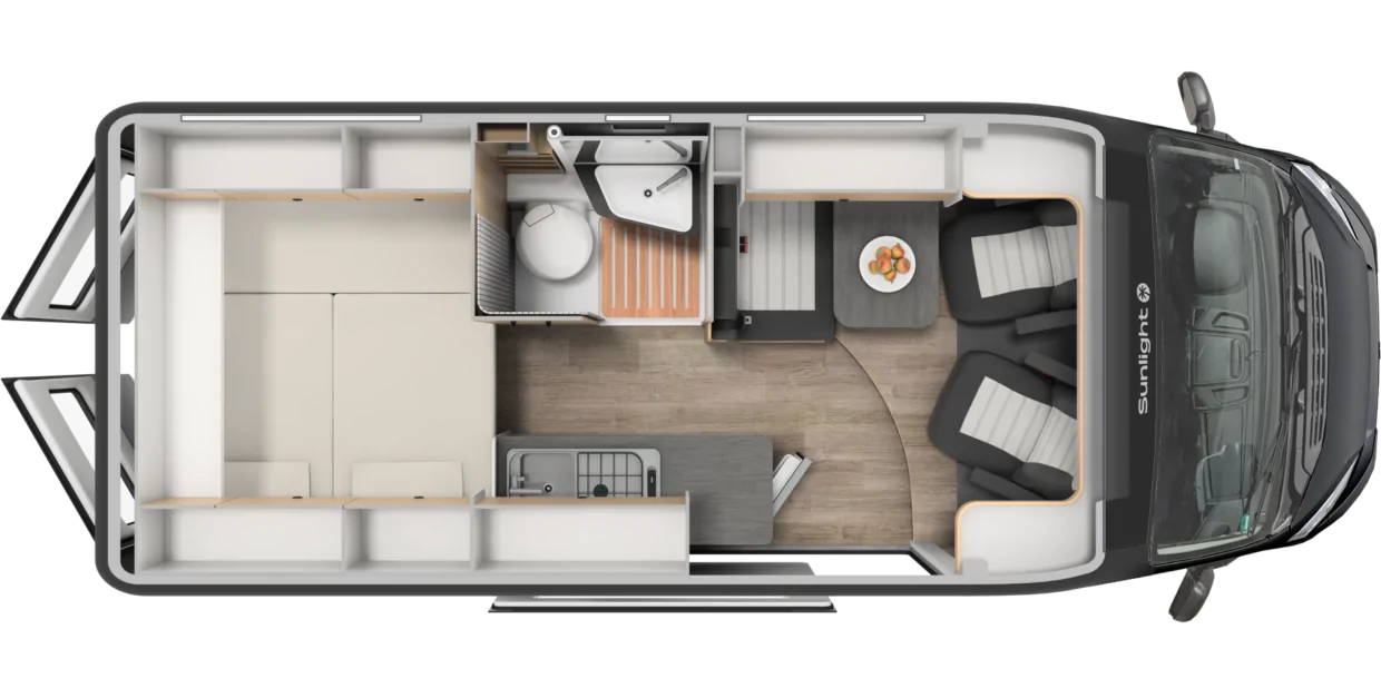 Grundriss des Sunlight Cliff 600X Campervans mit Küche, Bad und Sitzbereich.