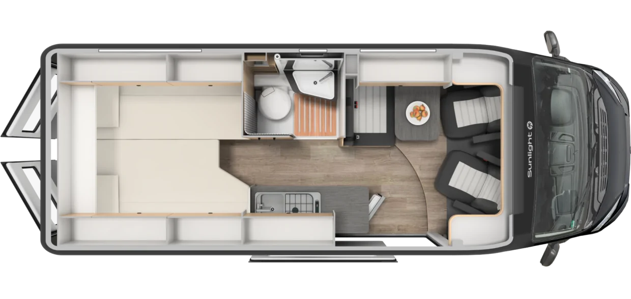 Grundriss eines Sunlight Cliff 640 Wohnmobils mit Schlafbereich, Küche und Bad.