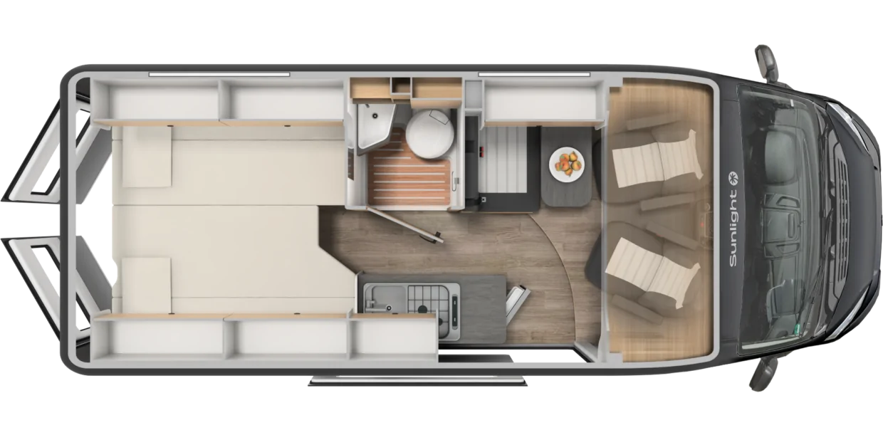 Grundriss eines Sunlight Cliff Adventure Wohnmobils mit Schlafzimmer, Küche, Bad und Sitzbereich.