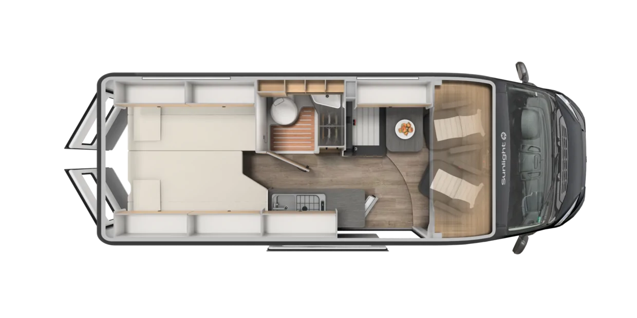 Grundriss des Sunlight Cliff Adventure 640 Wohnmobils mit Küche, Bad und Sitzbereich.