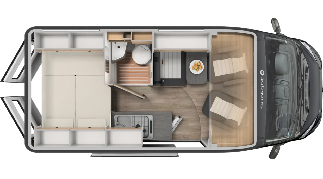 Grundriss des Sunlight Cliff Adventure 540 Wohnmobils mit Schlaf-, Koch- und Sitzbereich.