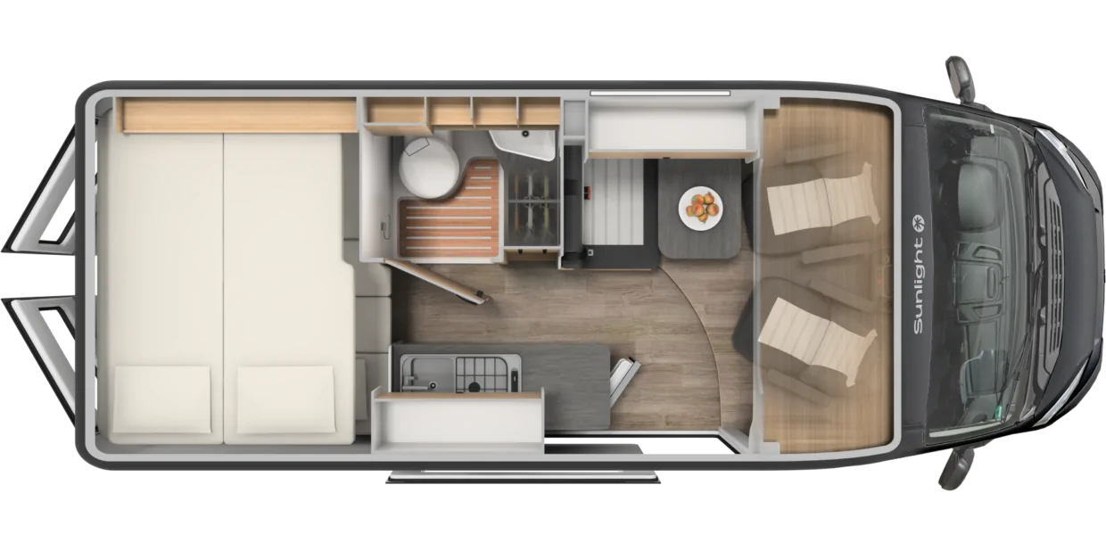 Grundriss des Sunlight Cliff Adventure Wohnmobils mit Schlafbereich, Küche, Bad und Sitzbereich.