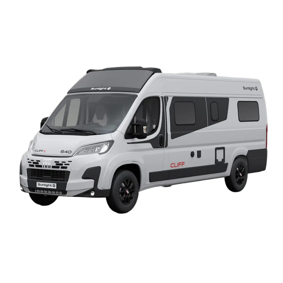 Ein Sunlight Cliff X 640 Wohnmobil in Grau auf transparentem Hintergrund.