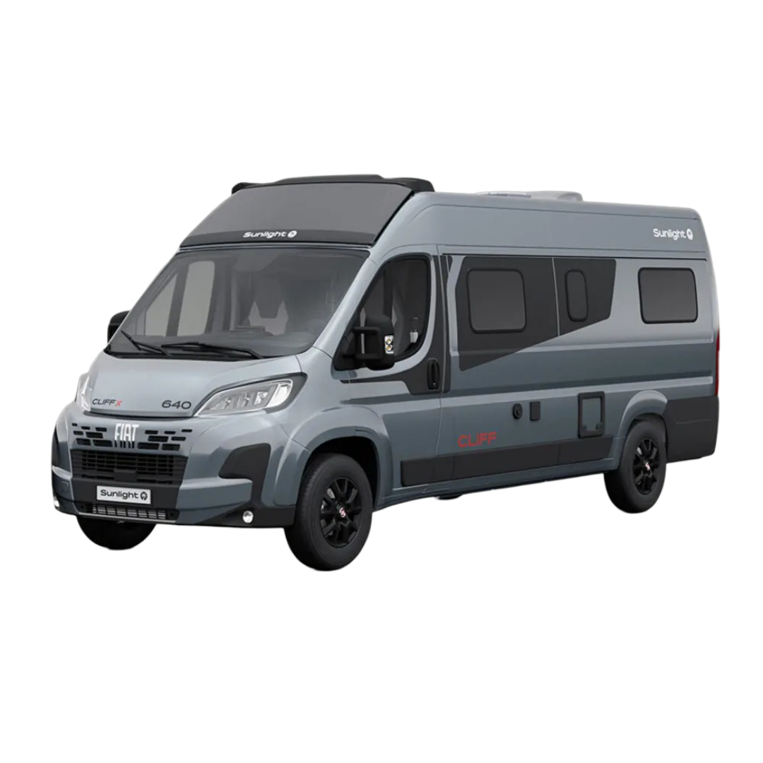 Ein grauer Sunlight Cliff X 640 Campervan auf transparentem Hintergrund.