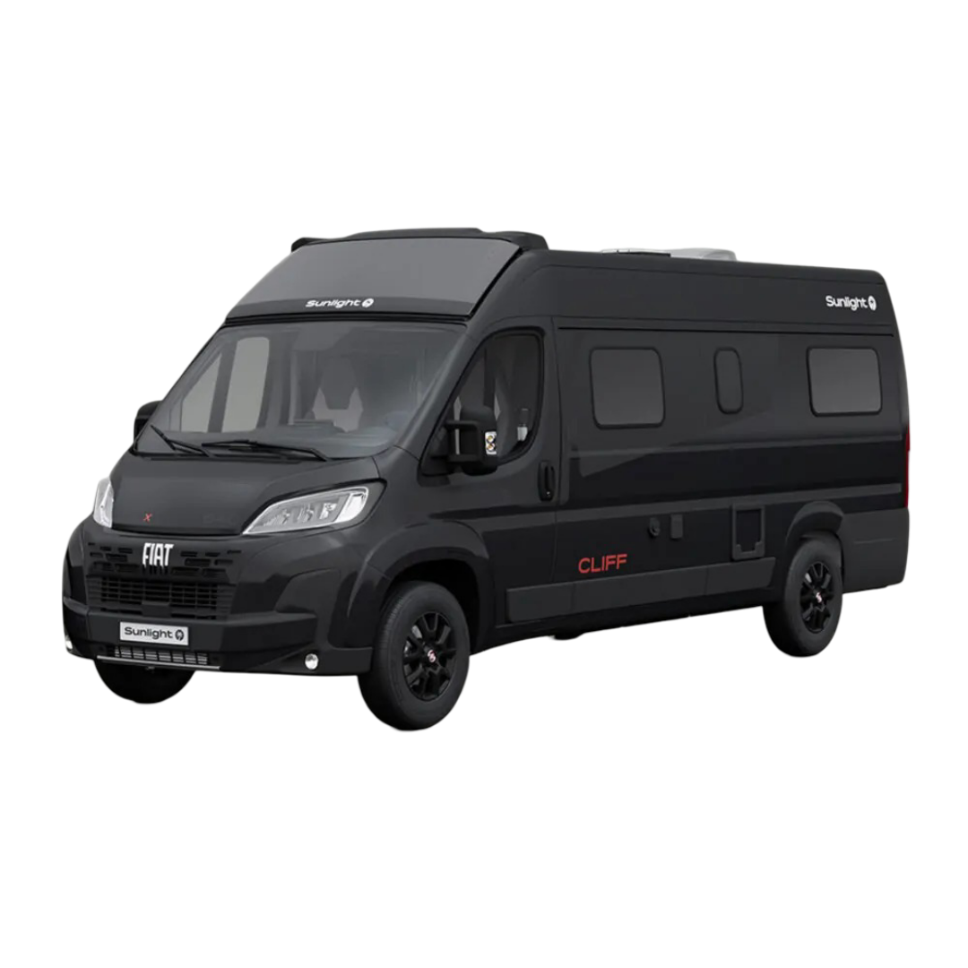 Schwarzer Fiat Sunlight Cliff Wohnmobil mit Fenstern auf der Seite.