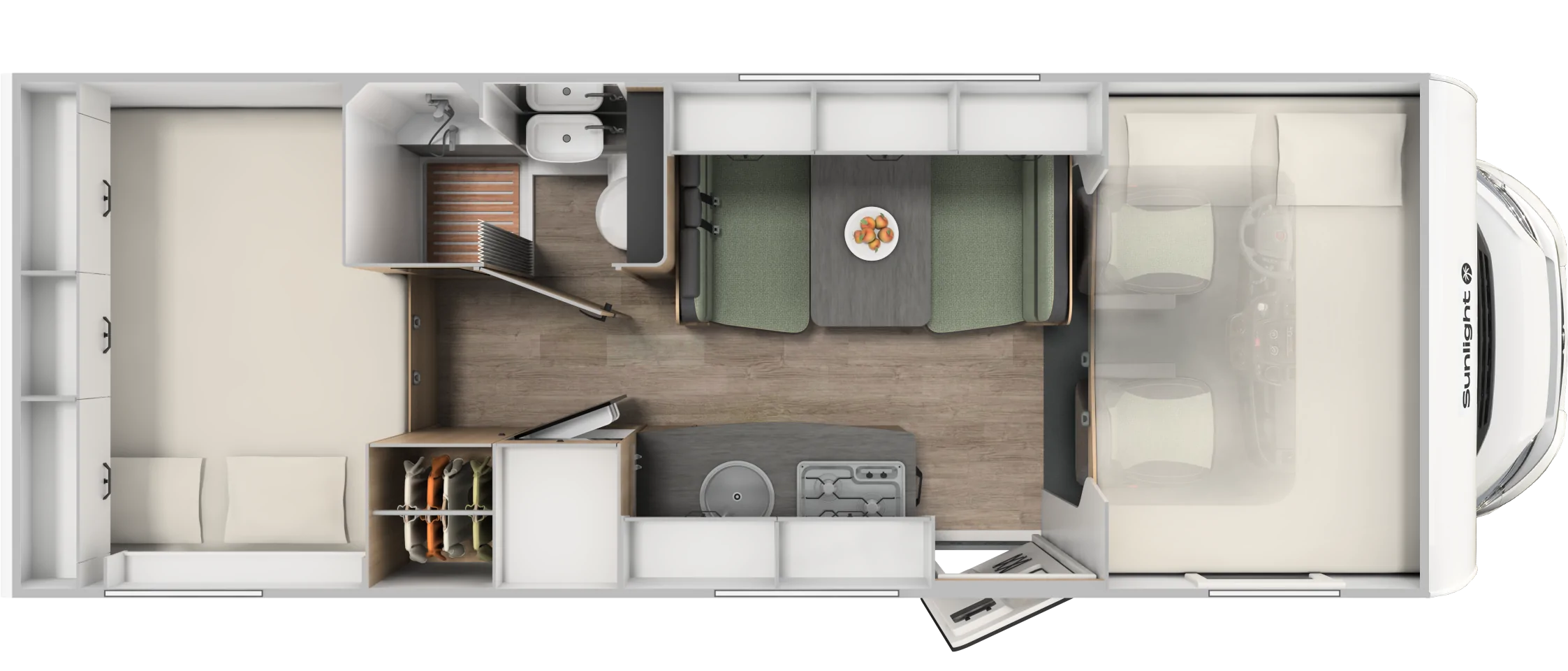 Grundriss eines Sunlight Wohnmobils mit Küche, Bad, Sitzgruppe und Schlafbereich.