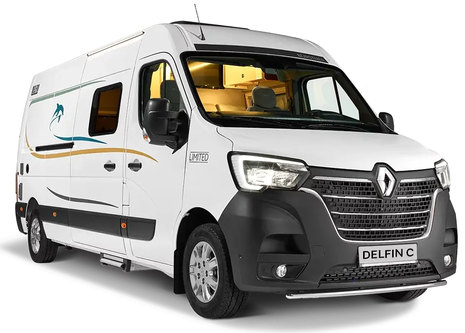 Ein Bürstner Delfin C 621 Wohnmobil auf weißem Hintergrund.