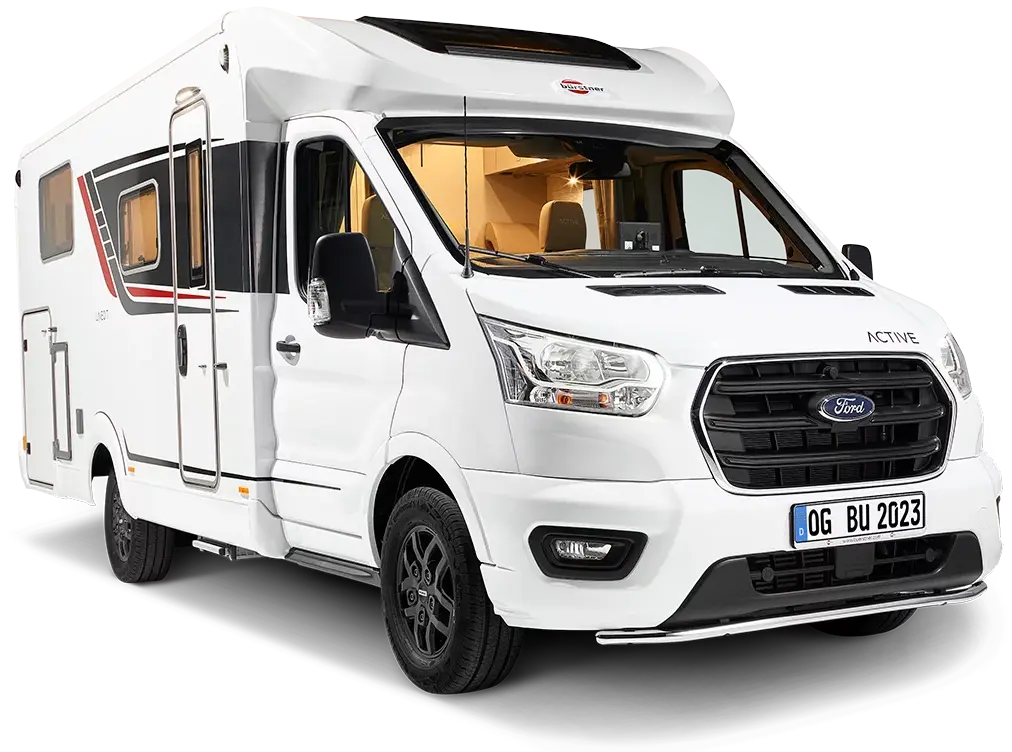 Ein weißes Bürstner Lineo T 690 Wohnmobil auf Ford-Basis mit markanten Grafiken.