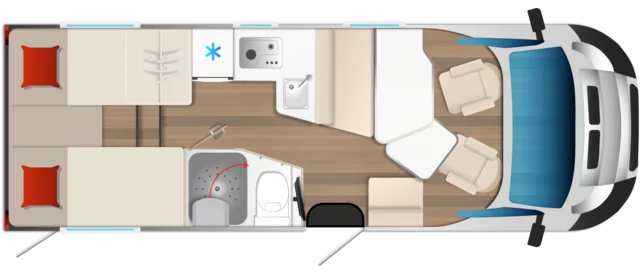 Grundriss eines Campeo TD 691 G Wohnmobils mit Küche, Bad, Betten und Sitzbereich.