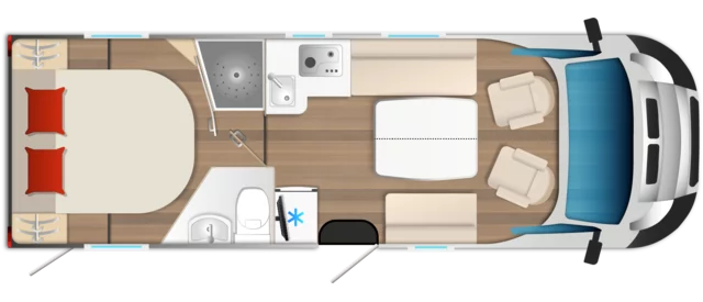Grundriss eines Campeo TD736 Wohnmobils mit Bett, Küche, Bad und Sitzbereich.