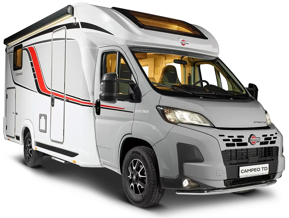 Bürstner Campeo TD Wohnmobil mit grauer und weißer Lackierung.
