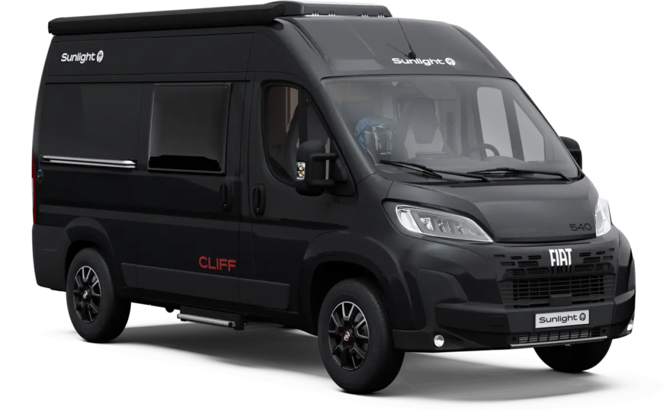 Fiat Sunlight Cliff Campervan in Schwarz, Seitenansicht.