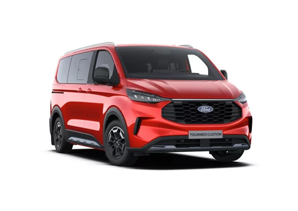 Ein roter Bürstner Copa auf weißem Hintergrund.