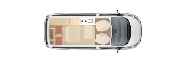 Draufsicht auf das Innenlayout eines Copa C500 mit Küche und Sitzbereich.