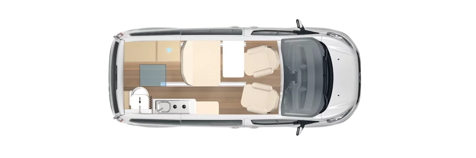 Grundriss eines Copa C530 Wohnmobils mit Innenausstattung.