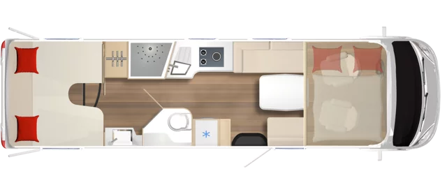 Grundriss eines Wohnmobils mit Küche, Bad und Schlafbereich.