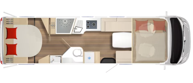 Grundriss eines Wohnmobils, Modell Elegance I920G, mit Küche, Bad, Sitzbereich und Schlafbereich.