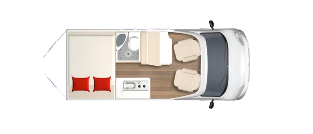 Grundriss eines Wohnmobils Lineo C550 mit Schlafbereich, Küche und Sitzecke.