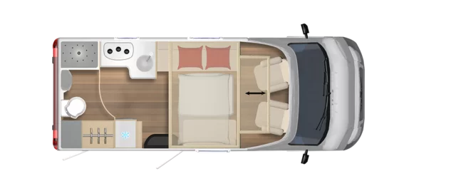 Grundriss eines Wohnmobils mit Küche, Bad, Bett und Sitzecke.