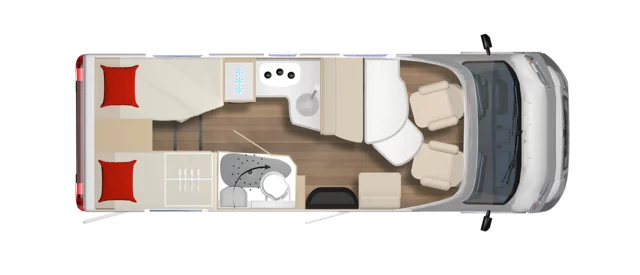 Grundriss eines Wohnmobils mit zwei Schlafbereichen, Küche und Bad.