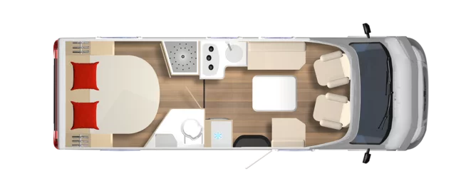 Grundriss eines Wohnmobils mit Doppelbett, Küche, Bad und Sitzbereich.