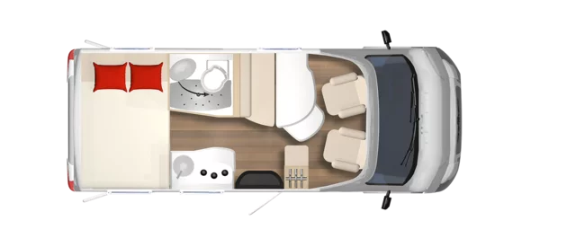 Grundriss eines Travelvan 590G Wohnmobils mit Bett, Bad, Küche und Sitzecke.
