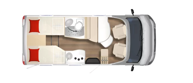 Grundriss eines Travelvan 620G Wohnmobils mit zwei Betten, Küche und Bad.