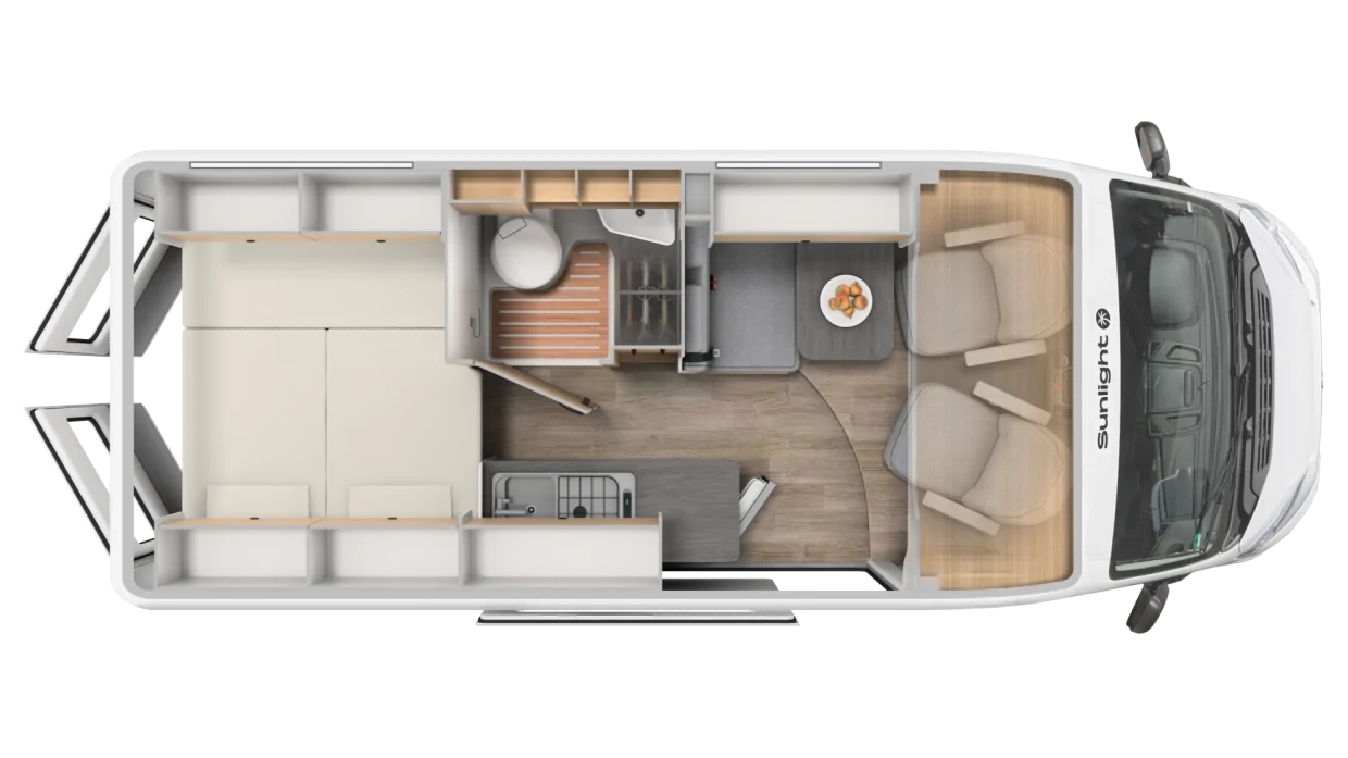 Grundriss des Sunlight Cliff 600 Wohnmobils mit Schlaf- und Wohnbereich.