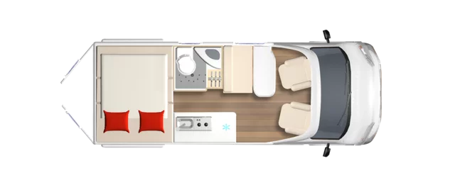 Grundriss des Wohnmobils Lineo C 590 mit Schlafbereich, Küche und Bad.