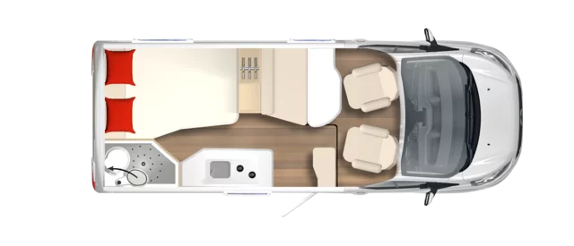 Grundriss des Lineo T 569 Campers mit Schlafbereich, Küche und Sitzplätzen.