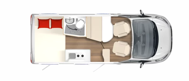 Grundriss eines Lineo T 590 Wohnmobils mit Schlafbereich, Bad, Küche und Sitzbereich.