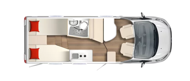 Grundriss eines Wohnmobils Lineo T 620G mit Schlaf- und Sitzbereich, Küche und Bad.
