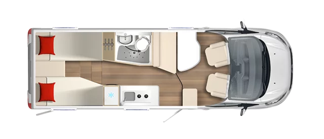Grundriss eines Lineo T 690G Wohnmobils mit Sitzbereich, Küche, Bad und Schlafplätzen.