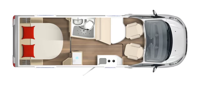 Grundriss des Wohnmobils Lineo T 700 mit Bett, Bad, Küche und Sitzbereich.
